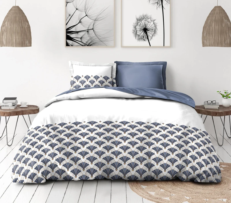 Duvet Cover Set 240 x 260 cm – 3 Pieces – Soft Cotton Percale – Duvet Cover + Pillowcases – White & Blue – L'Elegant