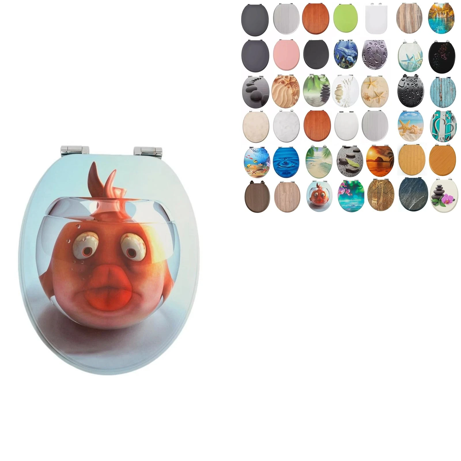 18" MDF Toilet Seat Universal Adjustable Fit Most Toilets Oval Seat┃Bathroom Standard Wooden MDF Toilet Seat | WC SEAT +Fittings (Cartoon Fish Design)
