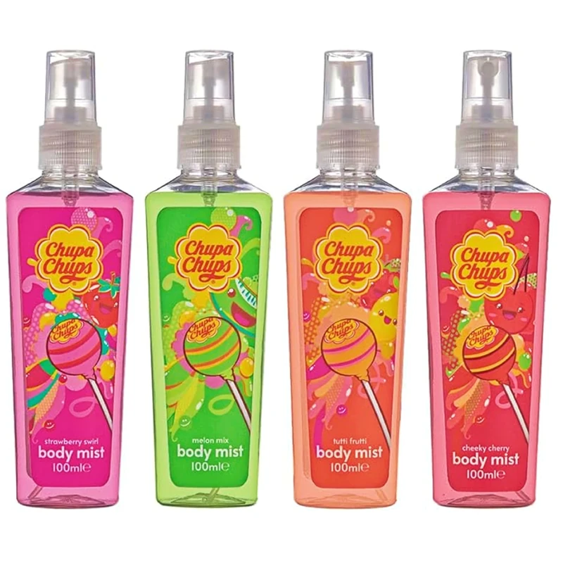 Chupa Chups Body Mist Gift Set – 4 Fragrances (Strawberry Swirl, Melon Mix, Tutti Frutti & Cheeky Cherry) – Refreshing & Sweet Scented Body Spray for Women & Teens, 4 x 100ml