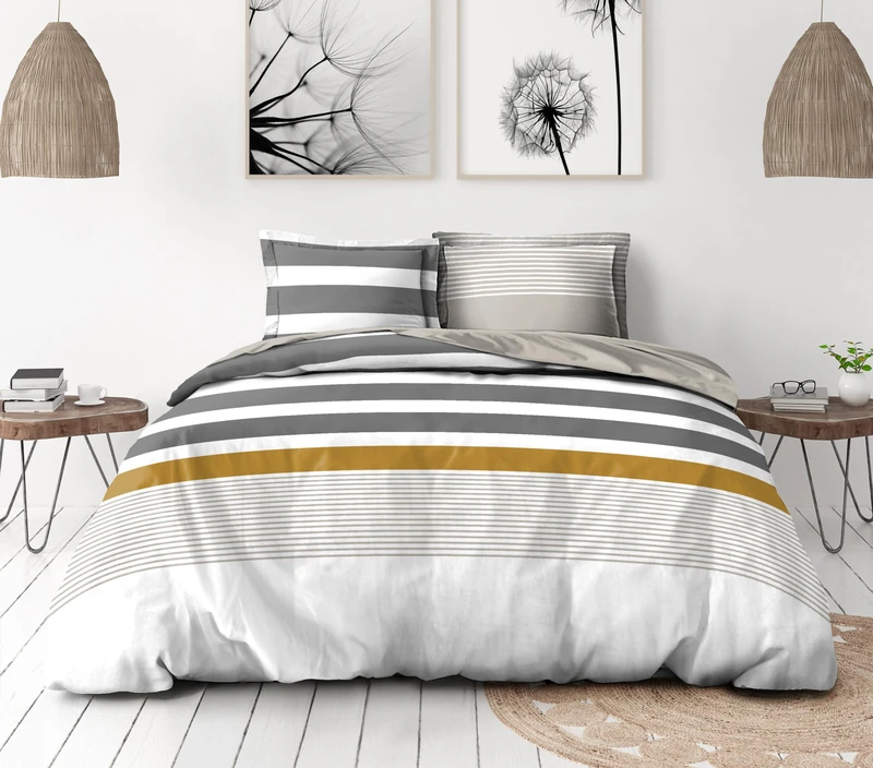 Duvet Cover Set 240 x 260 cm – 3 Pieces – Soft Cotton Percale – Duvet Cover + Pillowcases – White & Ochre Grey – La Courtisane Model