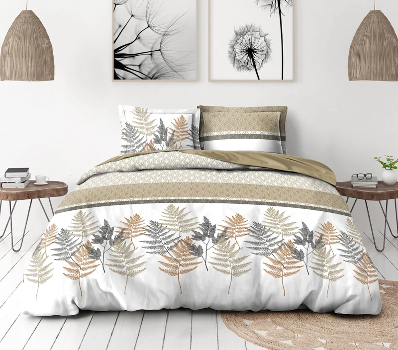 Duvet Cover Set 240 x 260 cm – 3 Pieces – Soft Cotton Percale – Cover + Pillowcase – Beige & Praline – La Marquise Model