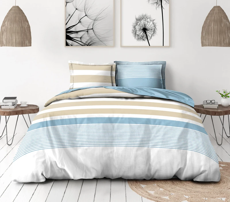 Duvet Cover Set 140 x 200 cm – 2 Pieces – Soft Cotton Percale – Duvet Cover + Pillowcase – White & Iceberg Blue – La Courtesane Model