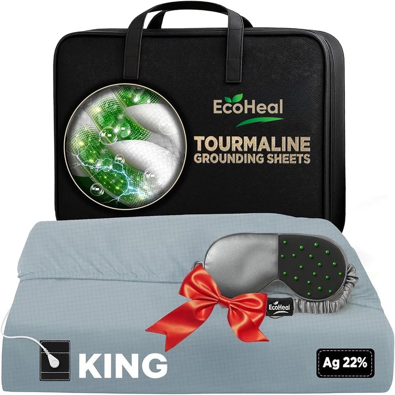 ECOHEAL Grounding Sheet with 20% Silver Fiber and Tourmaline Cotton – Fitted Conductive Bed Sheet with Grounding Cord, Eye Mask, and Tester – Earth Connection Sheet (Cloud Grey, King)