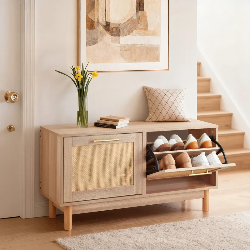 VEVOR Entryway Shoe Bench, 39.4 x 11.8 x 20.9 Inch Rattan-Like Shoes Bench with 2 Flip Drawers, 300lbs Shoe Storage Rack with 4 Compartments and 2 Rattan Doors, for Hallway, Living Room, Bedroom