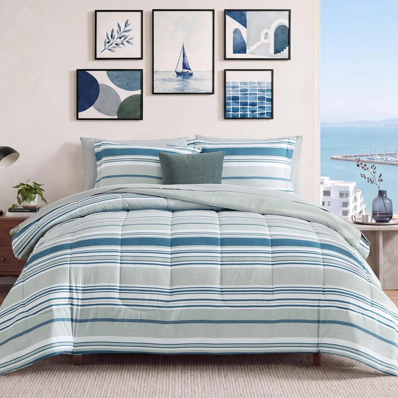 Monbix Queen Comforter Set - 7 Pieces Bed in a Bag Queen, Blue-Stripe Bedding Sets, All Seasons Down Alternative Comforter Bed Set with Sheets, Pillowcases & Shams