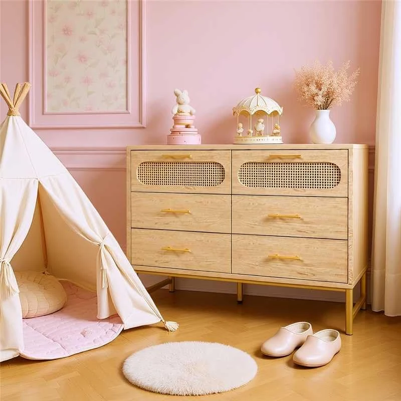 FurnitureR Rattan Tall Kitchen Cupboard, 6-Drawer Storage for Kitchen, Oak, Metal Handles, Anti-Tip, 120 x 40 x 74 cm