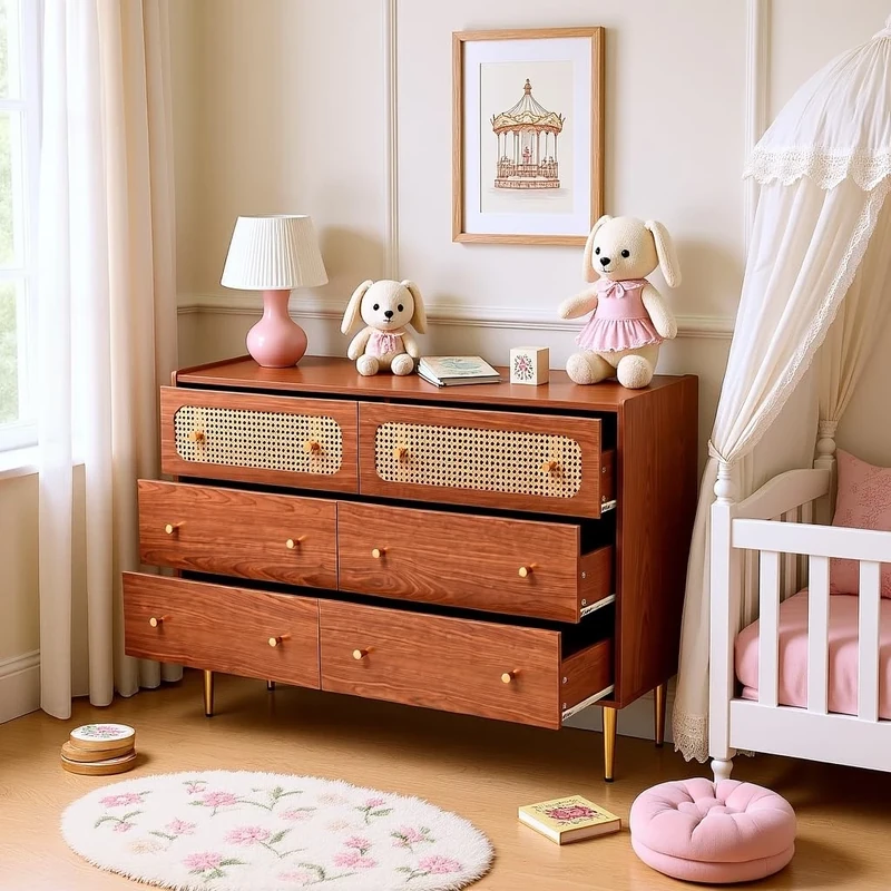 FurnitureR Rattan Tall Kitchen Cupboard, 6-Drawer Chest for Kitchen Storage, Walnut, 40D x 120W x 90H cm