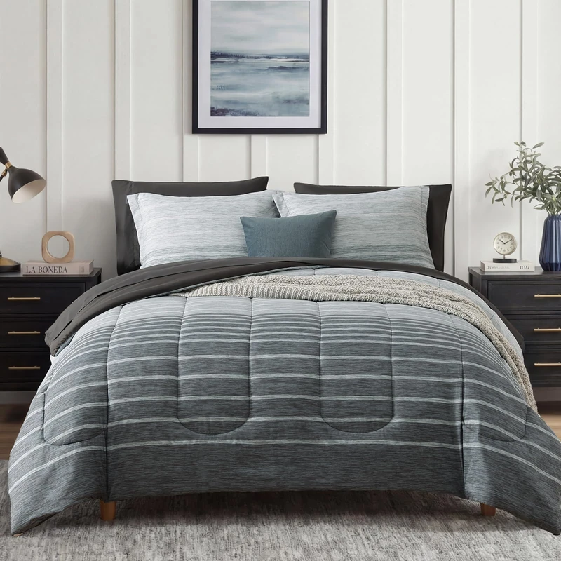 Monbix Queen Comforter Set - 7 Pieces Bed in a Bag Queen, Grey-Stripe Bedding Sets, All Seasons Down Alternative Comforter Bed Set with Sheets, Pillowcases & Shams