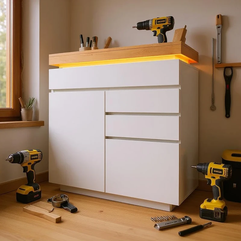 FurnitureR High-Gloss Tall Kitchen Cupboard, 2-Door 3-Drawer, RGB LED (App-Controlled), White, 115 x 110 x 39 cm (Kitchen & Living Room)