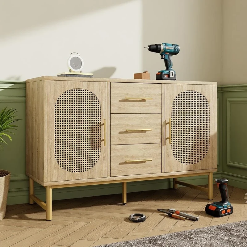 FurnitureR Rattan Tall Kitchen Cupboard, 2-Door 3-Drawer, Metal Handles, Adjustable Shelves, Anti-Tip, Oak, 120 x 40 x 74 cm (Kitchen Storage Solution)