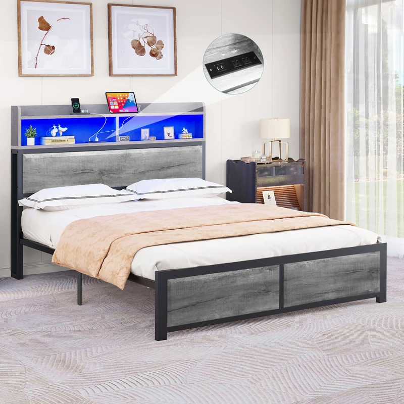 YITAHOME LED Bed Frame with Headboard, USB Ports and Charging Outputs, Metal Platform Bed Frame with 2 Shelves, No Mattress Required