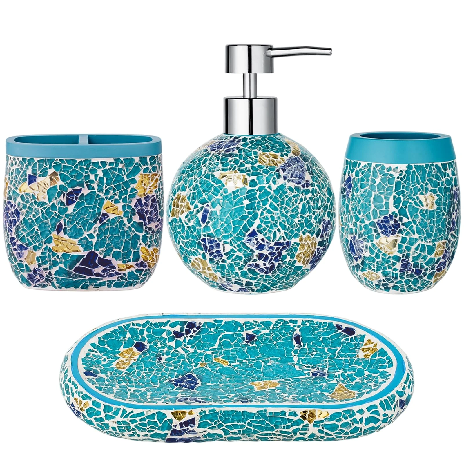 Handmade Blue Mosaic Glass Bathroom Accessory Sets 4PCS Bathroom Accessories Set Complete Includes Lotion Dispenser Toothbrush Holder Tumbler Cup & Vanity Tray