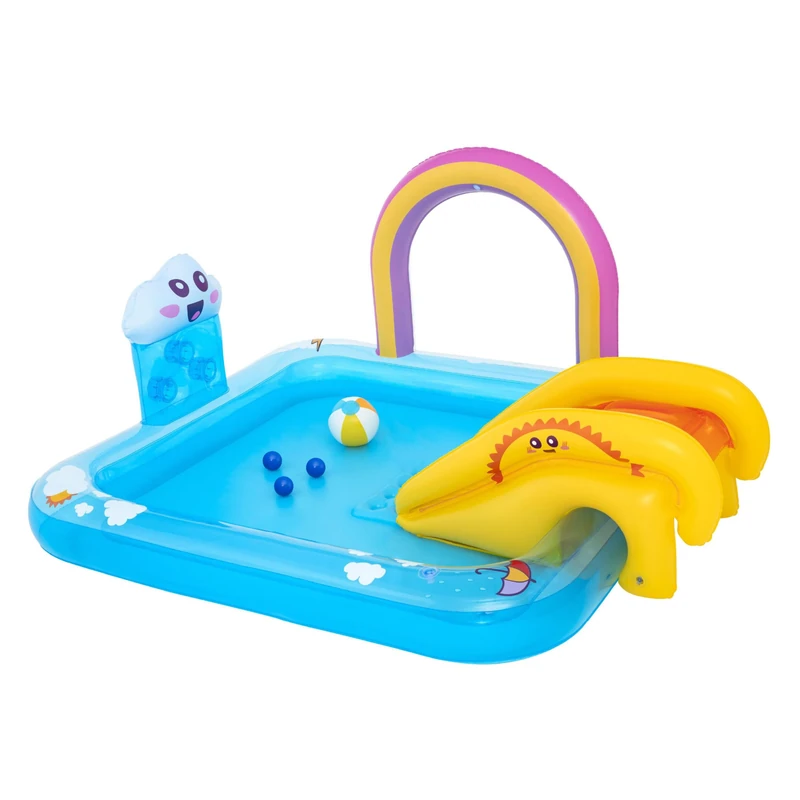 Bestway Rainbows ‘N Rays Play Centre, Inflatable Kids Pool, Water Play Centre with Slide, Rainbow Sprinkler and Ball Games