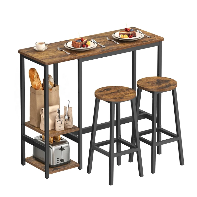 VASAGLE Bar Table Set with 2 Stools, 3-Piece Kitchen Table Set with Storage Shelves, for Living Room, Kitchen, Steel Frame, Easy Assembly, Rustic Brown and Ink Black LBT220KD01
