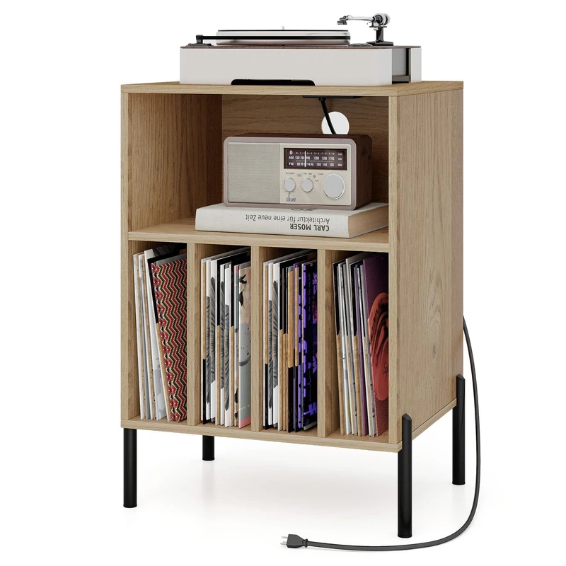 FANTASK Record Player Stand 53 x 45 x 78.5 cm, Presentation Shelf with Charging Station, Vinyl Record Stand with Shelf & 4 Dividers & Metal Legs, for Office, Living Room (Natural) - Image 1