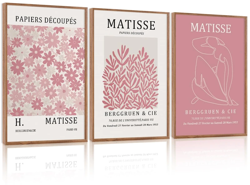 HLNIUC Matisse Pink Wall Art,Neutral Pink Flower Framed Canvas Wall Decor Set of 3(24”x36’) Modern Aesthetic Pictures Wall Painting,Abstract Flower Market Art Print for Living Room,Bedroom