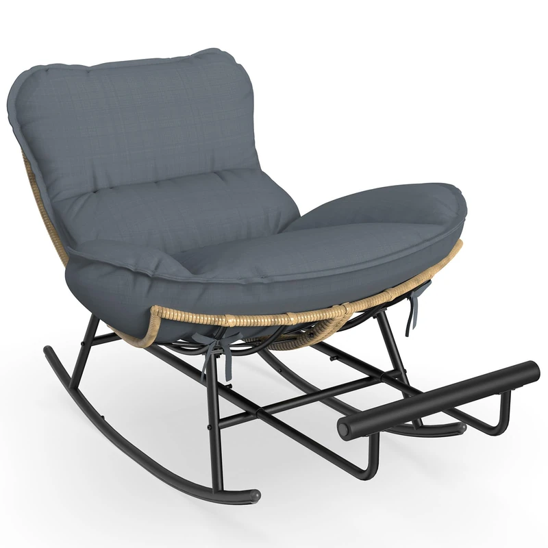 ZENPETIO Outdoor Rocking Chair - Oversized Metal Frame Papasan Rocking Chair with All Weather PE Wicker Rattan Rocker and Footrest for Patio, Balcony, Porch, Lawn and Living Room - Grey