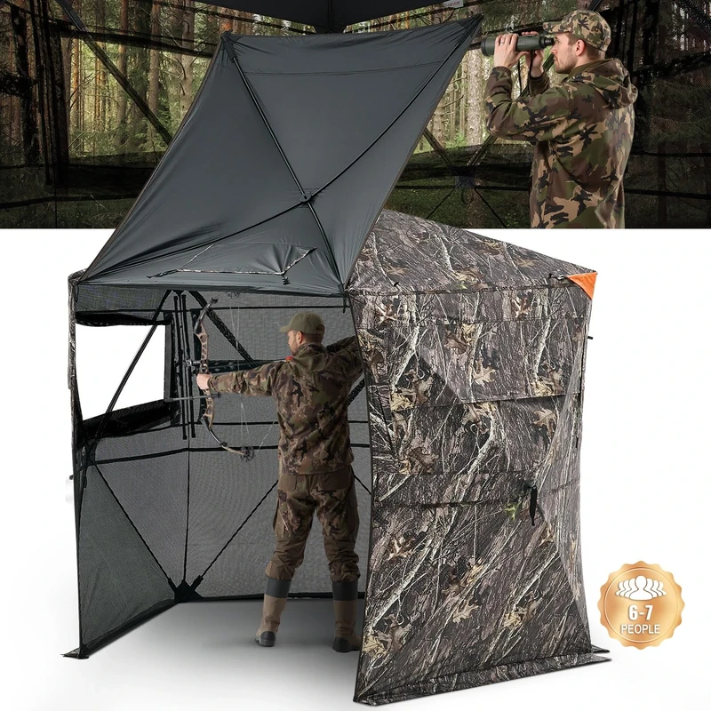 VEVOR Hunting Blind, 6-7 Person, 288 Degree 5 Side See-Through Ground Blinds with Carrying Bag, Portable Camouflage Tent, Durable Concealed Shelter with Silent Zipper Door and Window, for Turkey Deer