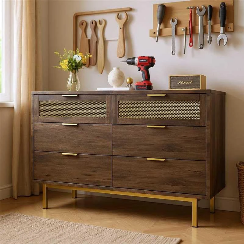 FurnitureR Tall Kitchen Cupboard Dresser, 6-Drawer, Metal Handles, Multipurpose Kitchen Storage, Dark Brown, 120 x 40 x 76 cm