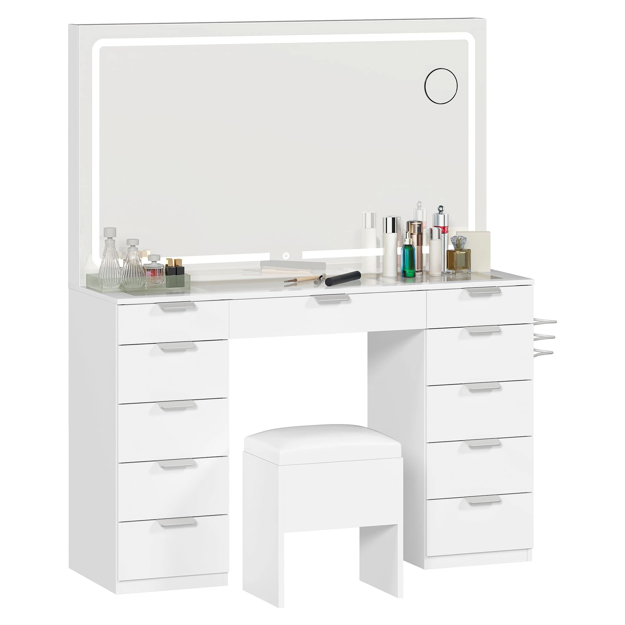 DWVO Vanity Table and Stool Set with LED Mirror, Makeup Desk with Adjustable 3-Colour Lighting, 11-Drawer Storage, Safety Glass Top & Built-in Plug Socket