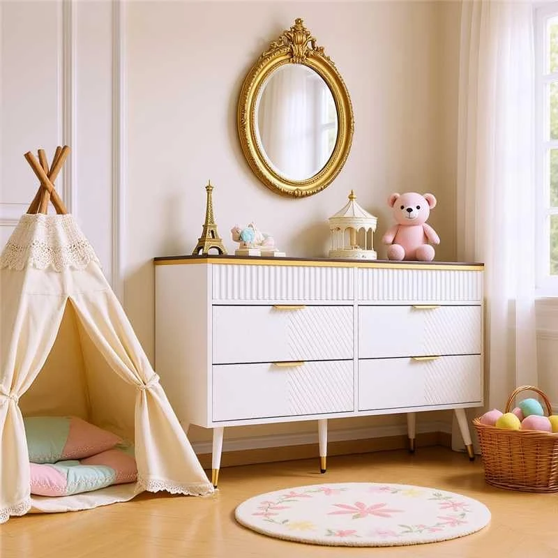 FurnitureR Tall Kitchen Cupboard Dresser, 6-Drawer with Amber Glass, Compartmentalised Storage, Anti-Tip, White, 120 x 40 x 76 cm (Kitchen Storage)