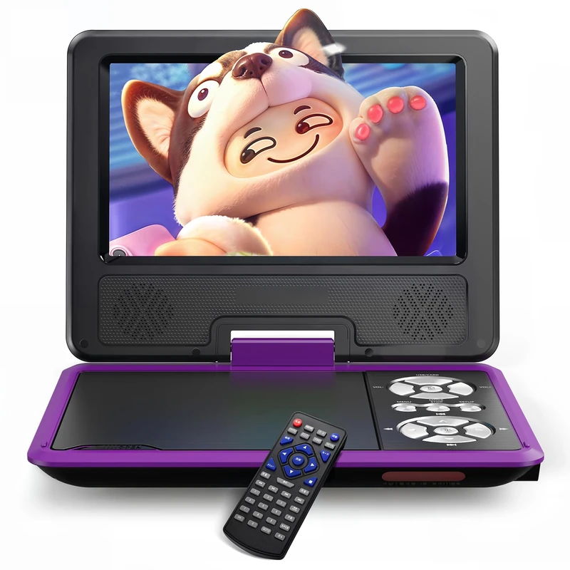 WOLFANG 9.5" Portable DVD Player for Kids and Car Travel with 7.5" HD Swivel Screen, 4-6 Hours Battery Life, Region Free, Stereo Speaker, Headphone/Sync TV/USB/SD Card, Purple [No Blu-ray Support]