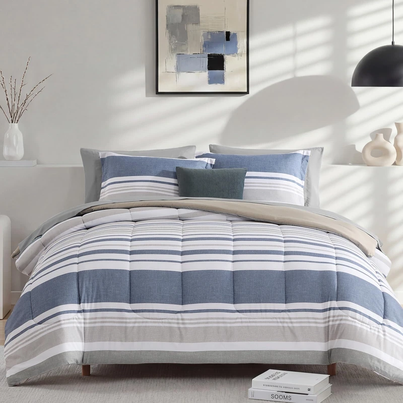 Monbix Queen Comforter Set - 7 Pieces Bed in a Bag Queen, Ocean Blue-Stripe Bedding Sets, All Seasons Down Alternative Comforter Bed Set with Sheets, Pillowcases & Shams
