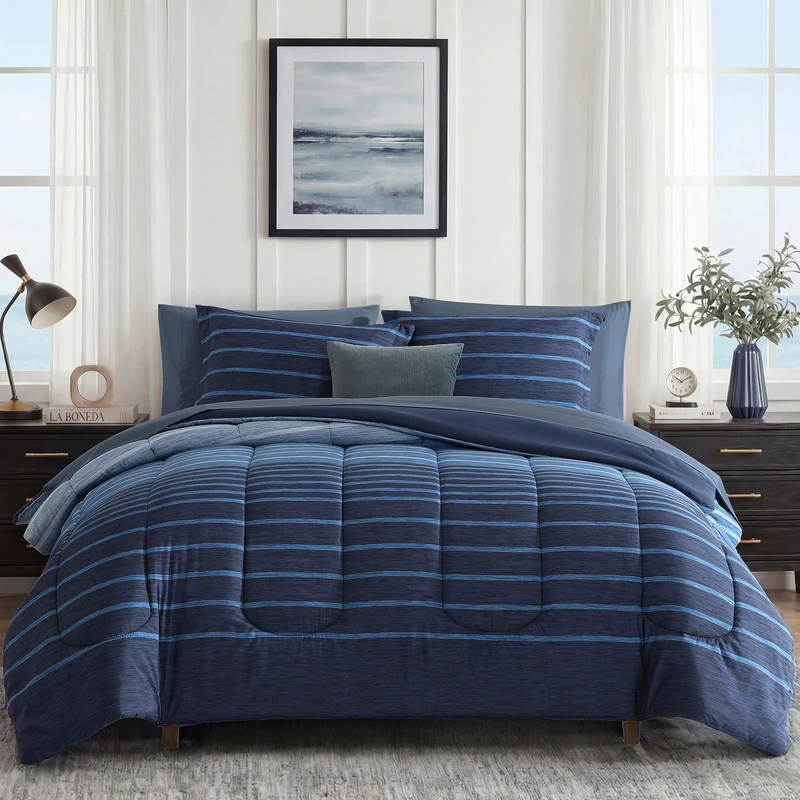 Monbix King Size Comforter Set - 7 Pieces Bed in a Bag King, Navy Blue-Stripe Bedding Sets, All Seasons Down Alternative Comforter Bed Set with Sheets, Pillowcases & Shams
