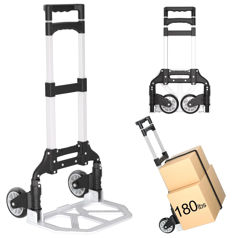 Folding Hand Truck - Aluminum Portable Dolly Cart with Upgraded Rubber Wheels, Telescopic Handle, Bungee Cord - Compact Lightweight Foldable Luggage Cart for Moving, Home, Auto, 200lbs, Black - Image 1