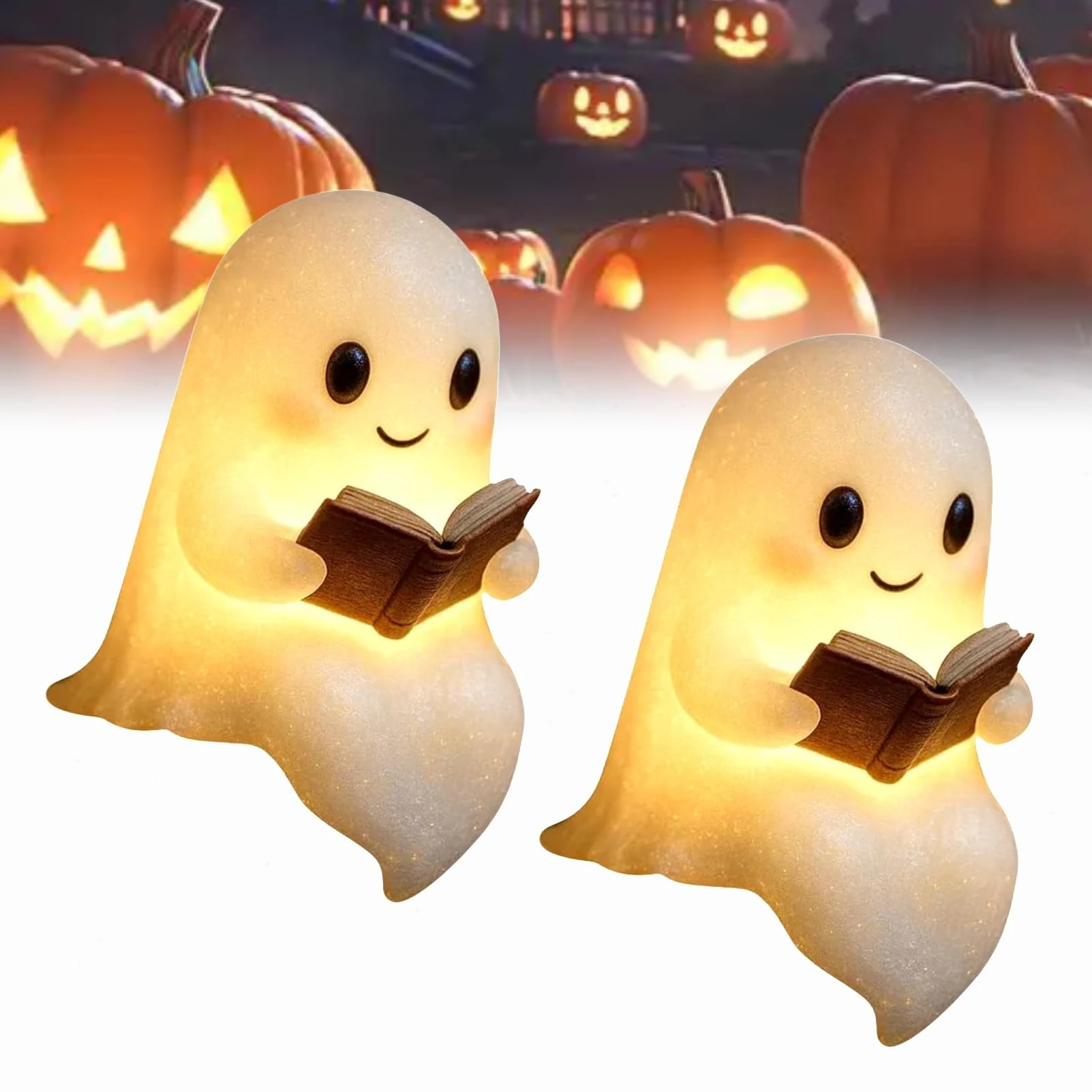 Dewppxi Cute Ghost Reading Book Lamp, Halloween Ghost Reading Night Lamp, 3D LED Ghosts Night Light, Ghosts Statue Night Lights, Halloween Decor for Readers and Book Lover (6 inch-2pcs)