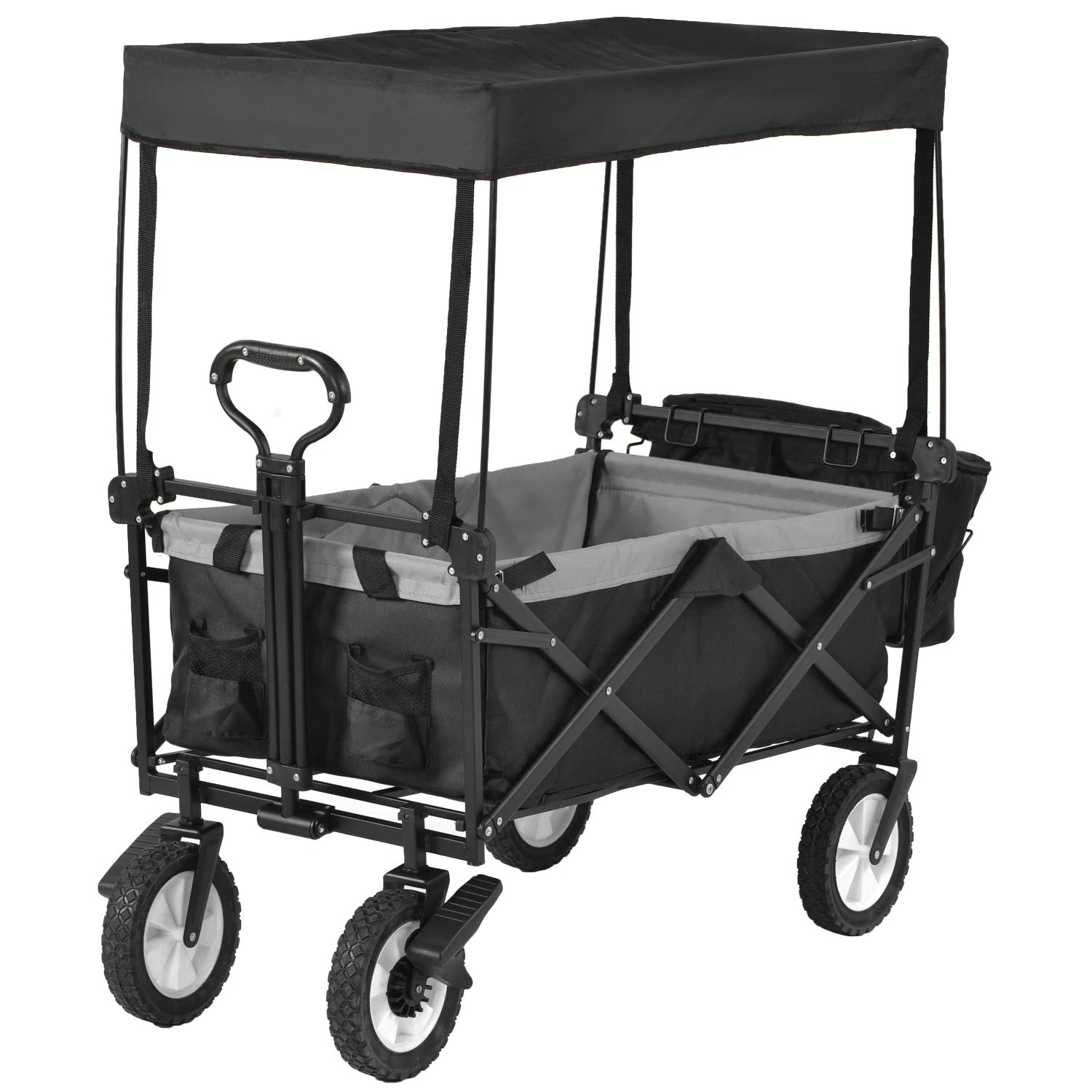Merax Garden Cart Wagons, Foldable Pull Wagon with Romovable Canopy, Trolley Wagon 4 Wheels (Black) - 150KG Capacity