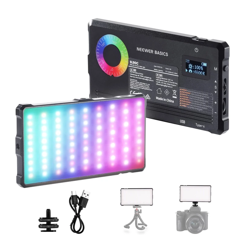 NEEWER Basics RGB Video Light, 8W 2700K-7500K Portable Full RGB Colors 17 Scenes CRI97, 4000mAh Rechargeable Metal Small LED Camera Panel Lighting for DSLR Tripod Streaming Video Recording, SL90C