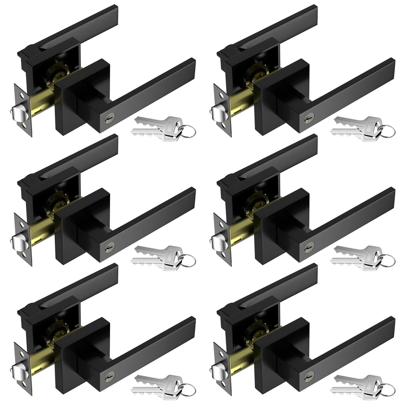 6 Pack Door Handle Set, Black Door Knob Exterior, Keyed Entry Door Locks
