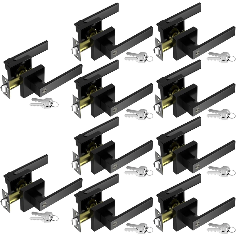10 Pack Door Handle Set, Black Door Knob Exterior, Keyed Entry Door Locks