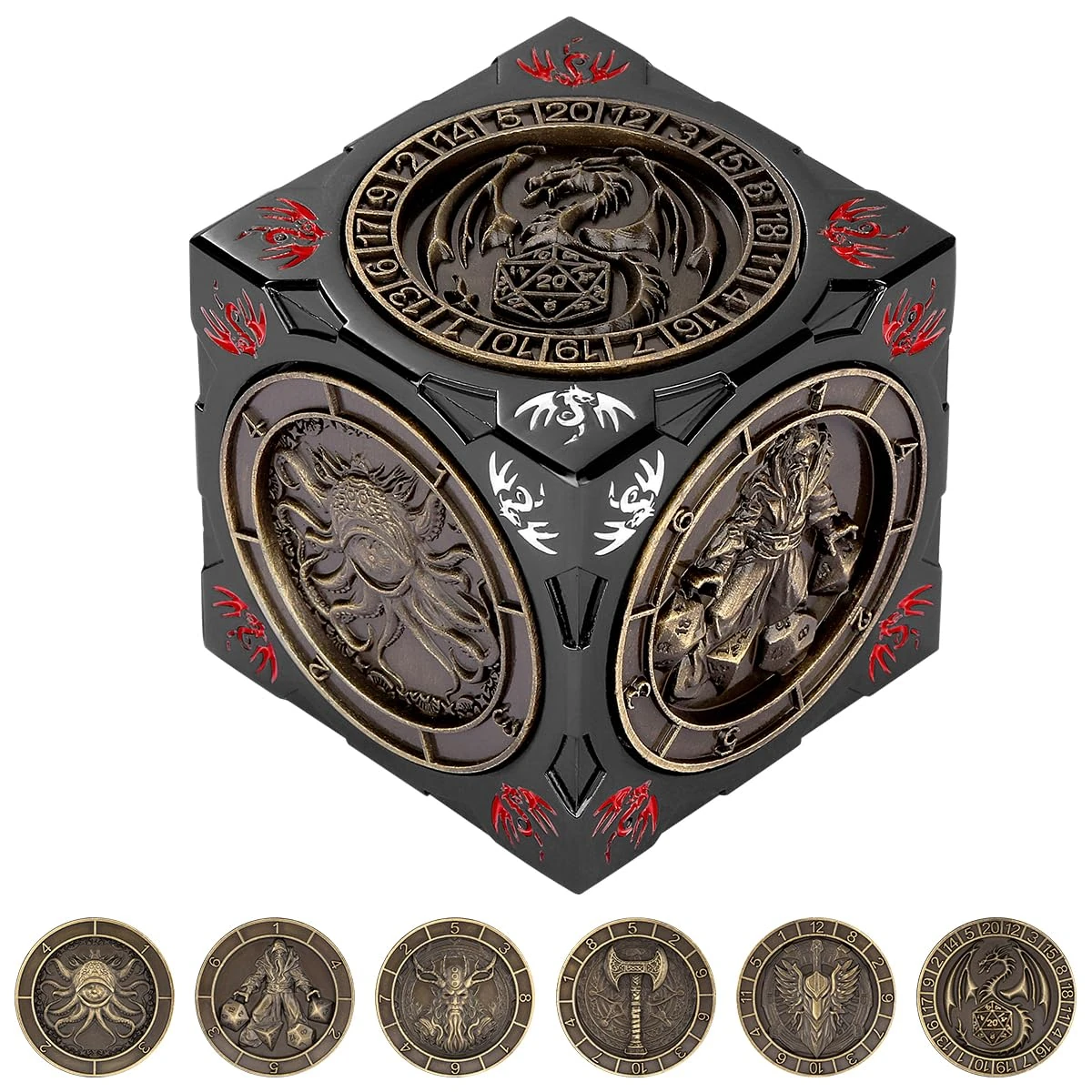 New DND Spinner Dice, 7-in-1 Metal Dice Set, 3D Relief Design, DND Polyhedral Rotating Game Dice, D&D Gifts with Dragon Logo Gift Box, RPG, Role Playing Board Game Accessories, Black