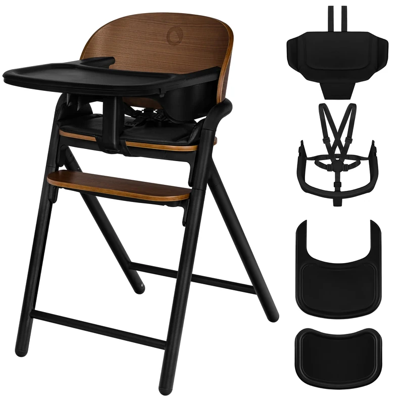 LIONELO Celia Wooden Baby High Chair for Children from 6 Months and for Adults up to 90 kg Grows with Child, Adjustable Footrest, 5-Point Safety Belt (Black Wood)