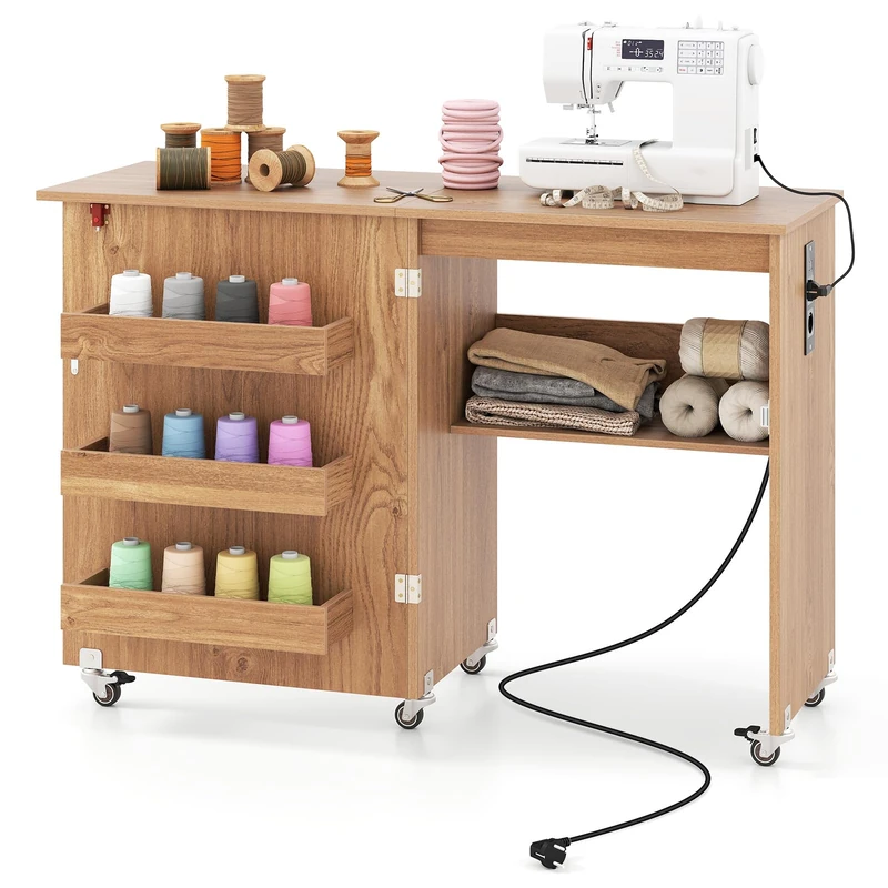 FANTASK 2 in 1 Folding Sewing Table, Sewing Machine Cabinet with Charging Station, Shelves and Lockable Wheels, Wooden Sewing Table, Multi-Purpose Craft Station for Living Room, Bedroom (Natural) - Image 1