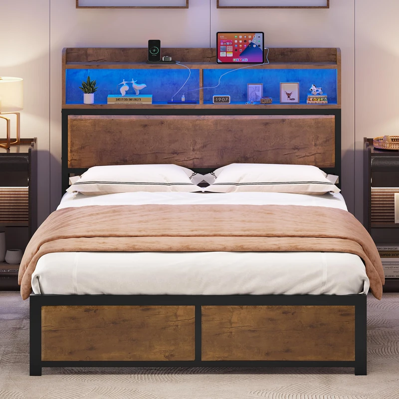 YITAHOME LED Bed Frame with Headboard, USB Ports and Charging Outputs, Metal Platform Bed Frame with 2 Shelves, No Mattress Required