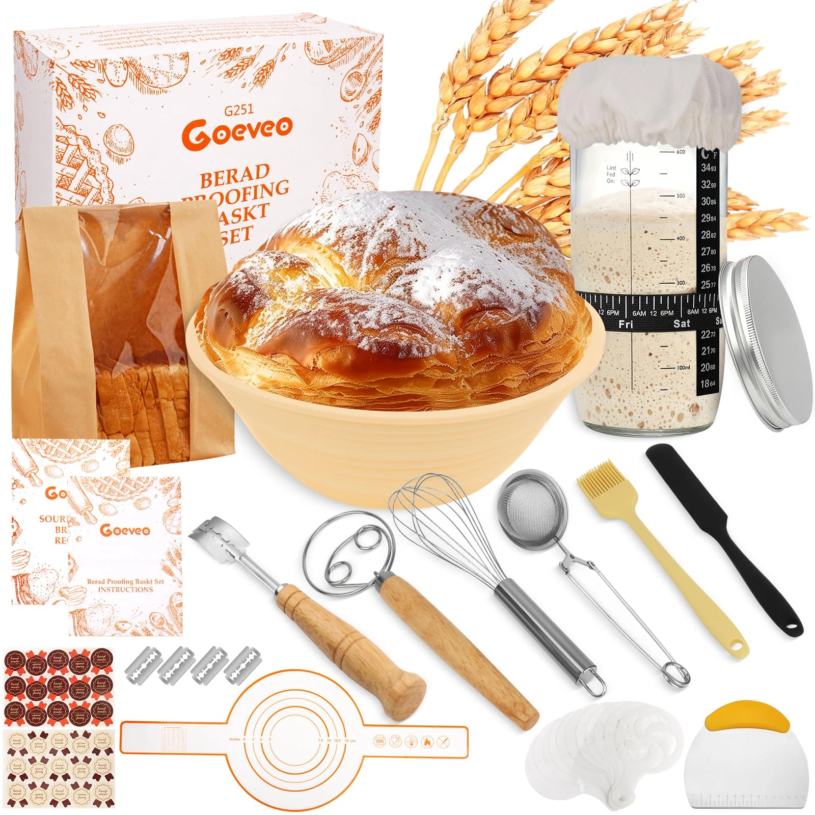 Goeveo Sourdough Starter Kit, 16Pcs Bread Proofing Basket 650ml Sourdough Starter Jar Feeding Time Tracker Basket Baking Accessories Bread Making Gifts for Bakers