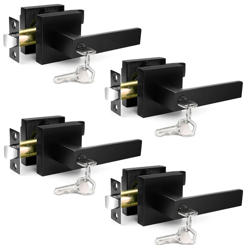 YYTDZSW Matte Black Door Handles 4-Pack, Interior Door Knobs with Lock and Key(Same Keys), Heavy Duty Reversible Lever Handle(2.2lb), Fits Standard Doors 1-3/8" to 1-3/4" for Bedroom Bathroom