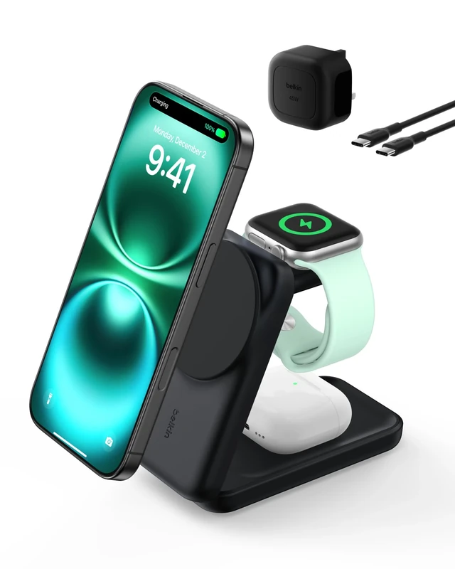 Belkin UltraCharge Magnetic Wireless Charger 25W, 3-in-1 Qi2.2 Certified MagSafe Compatible Fast Charger, Charging Station for iPhone 17, Air, Apple Watch, AirPods, Pixelsnap with 45W Adapter - Black