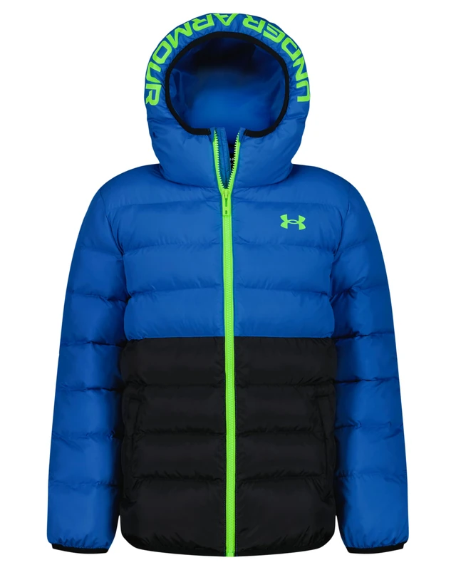 Under Armour Boys Water-Resistant Pronto Colourblock Puffer Jacket with UA Storm Technology – Lightweight Hooded Winter Coat with Snap Pockets, 8 Years to 9 Years, Blue Atlantis