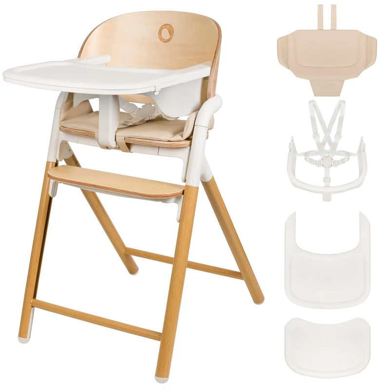 LIONELO Celia Wooden Baby High Chair for Children from 6 Months and for Adults up to 90 kg, Grows with Baby, Adjustable Footrest, 5-Point Safety Belt, Cushion (Natural Wood)