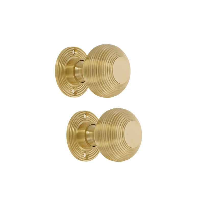 Infinity Decor Pair of Solid Brass Traditional Beehive Mortice Rim Door Knobs in Satin Brass Finish – 50mm Round Pull Handles Set for Internal and External Doors