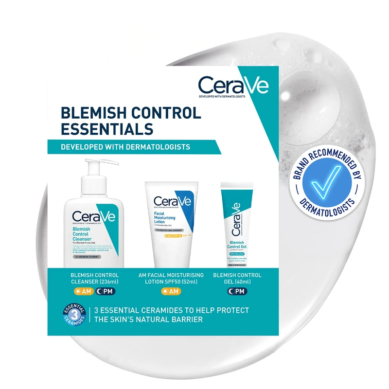 CeraVe Blemish Control Essentials Set with Salicylic Acid for Blemish-Prone Skin, Blemish Control Cleanser 236ml, Blemish Control Gel & AM Facial Moisturising Lotion SPF50