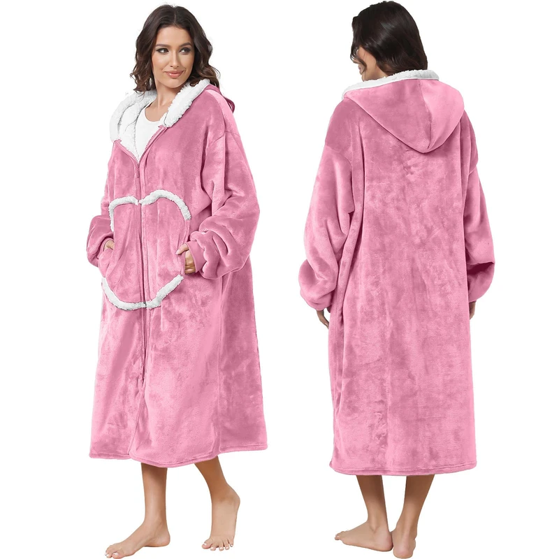 FEELJAM Oversized Wearab Blanket Hoodie, Cozy Flannel Blanket with Sleeves and Zipper for Women, Mens, Teens (80 x 120 cm) (Pink)