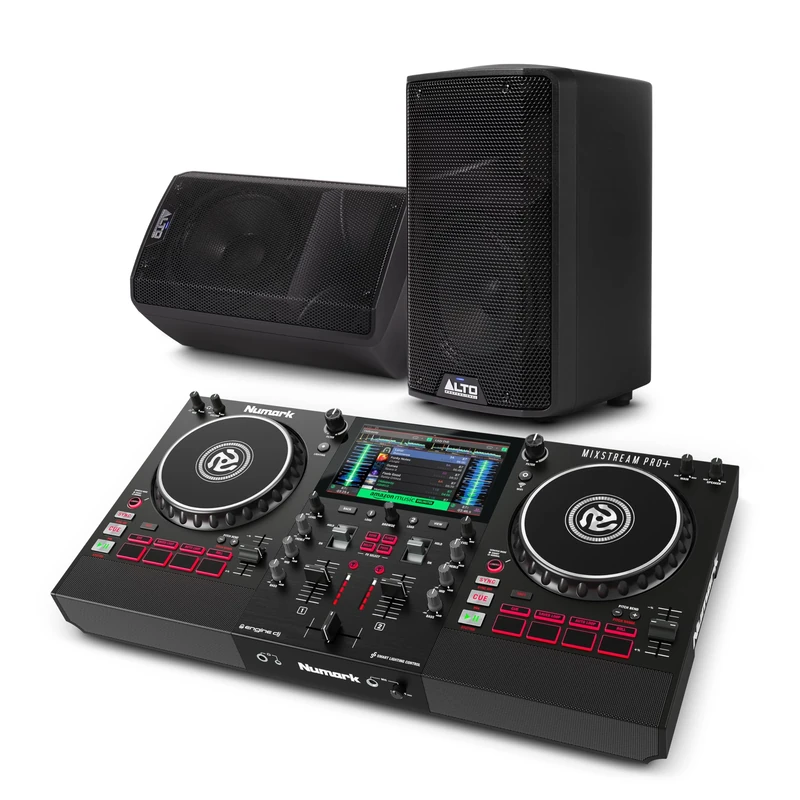 Numark Mixstream Pro+ DJ Controller and ALTO TX408 Powered PA Speakers Pair for Live Music, DJ sets, Events, Music production