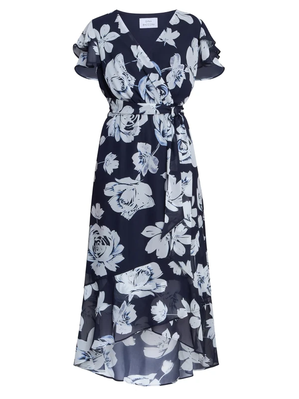 Gina Bacconi Floral Chiffon Dress, Navy/Multi, 16
