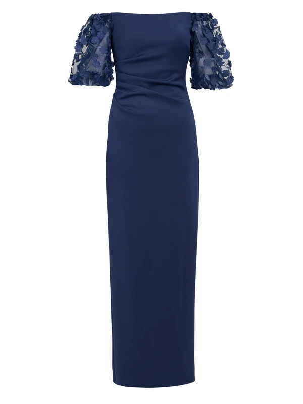 Gina Bacconi Women's Shoulder Floral Sleeve Maxi Dress Cocktail, Navy, 20