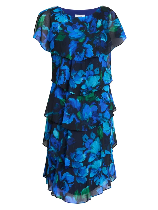 Gina Bacconi Women's Floral Tier Dress Cocktail, Multi, 10